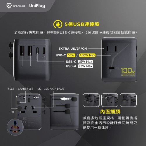 SAVEWO UniPlug UP100S PD3.0 100W 5 USB 全球旅行快充插頭