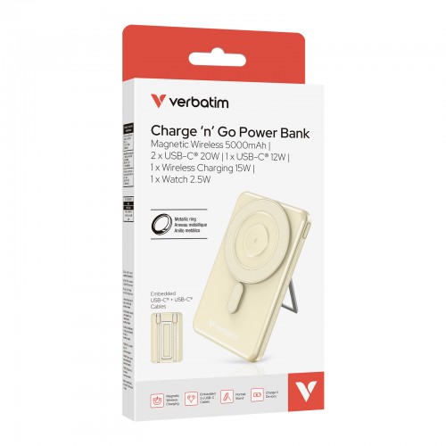 Verbatim 五合一 Charge 'n' Go 5000/10000mAh 磁吸無線行動電源 (WPBS2C5/WPBS2C10) *3C 認證