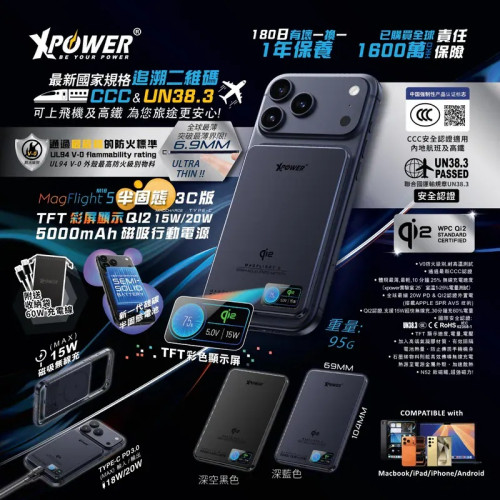 XPower MagFlight5 M16 鋁合金半固態TFT彩屏顯示 QI2 15W/20W 5000mAh 磁吸行動電源 (3C可追溯二維碼)